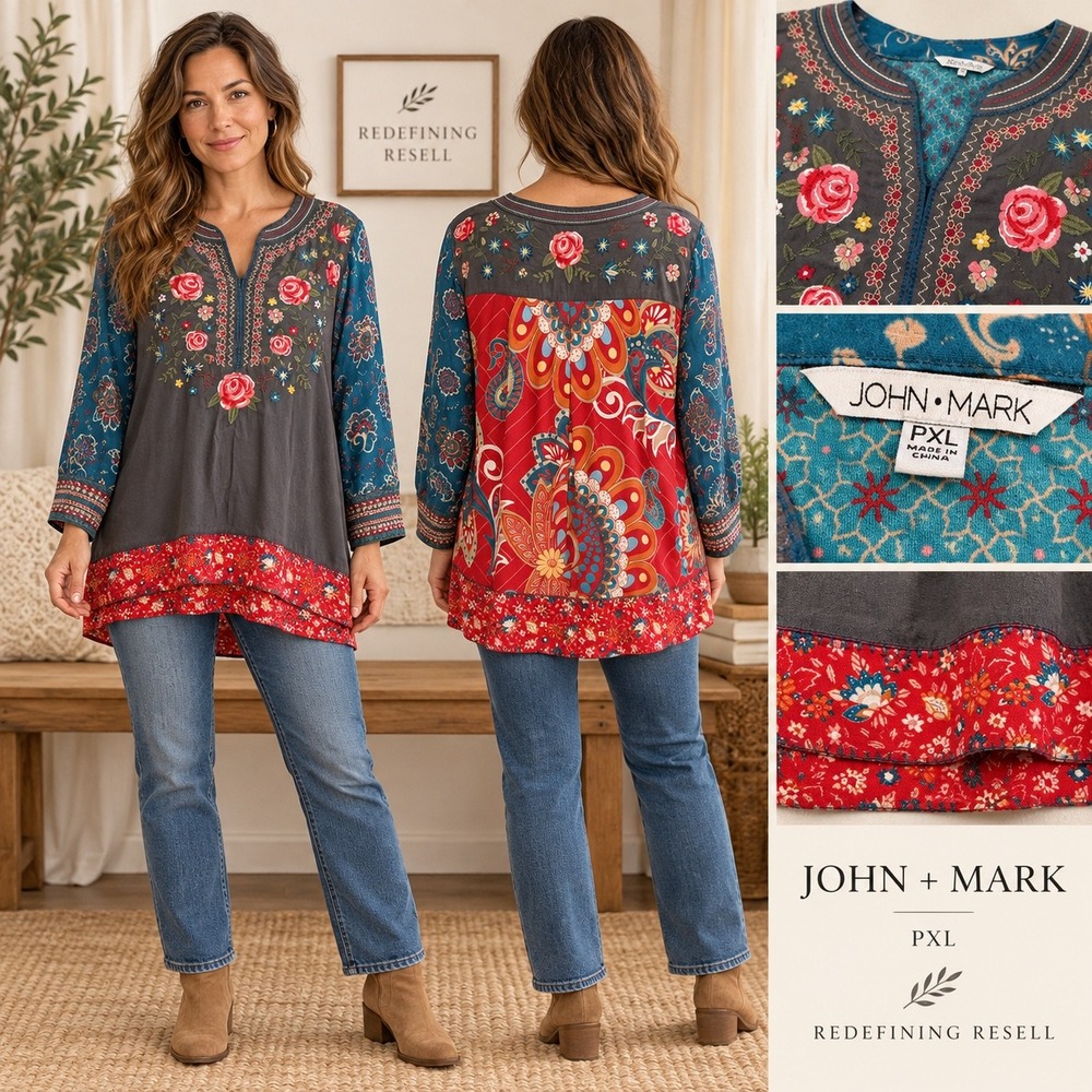 John Mark Floral Embroidered Mixed Media Blouse Grey Teal Red PXL